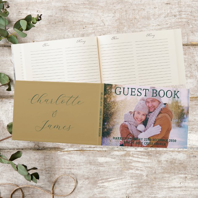 Libro De Visitas Foto Boda De Navidades Dorados Y Verdes (Front, Back, Spine And Inside)