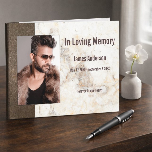 Libro De Visitas Foto Cuero Falso Mármol Memorial  (Guest book featuring your custom photo framed by a stylish marble and brown faux leather design)
