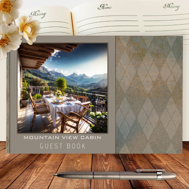 Libro De Visitas Foto de alquiler de cabinas de montaña (Guest book featuring your photo framed by a retro argyle design. Great for a mountain cabin rental)