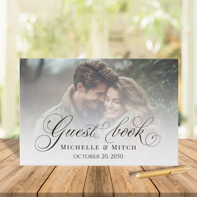 Libro De Visitas Foto de caligrafía blanca y negra boda (Wedding Guest book with photo template on the front and back)