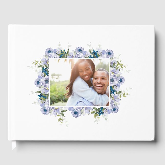 Libro De Visitas Foto de compromiso del Boda Floral Azul Clásico (Anverso)
