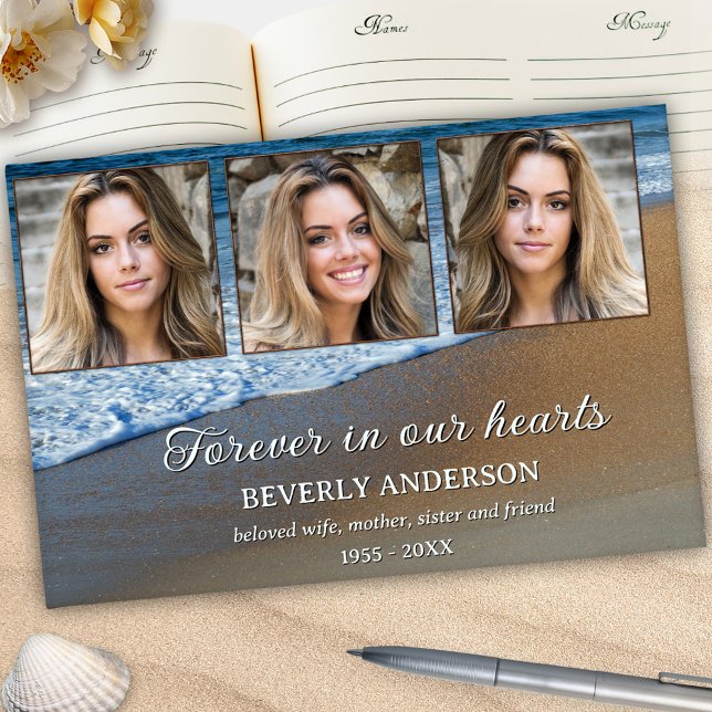 Libro De Visitas Foto de Keepsake conmemorativa de la vida (Celebration of life guest book featuring 3 custom photos framed by waves rolling on the beach)
