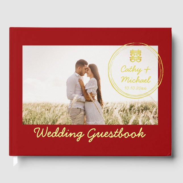 Libro De Visitas Foto de la pareja roja con el logo del sello boda  (Anverso)