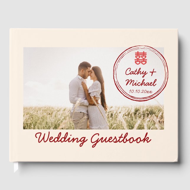 Libro De Visitas Foto de pareja con el logo del sello boda chino (Anverso)