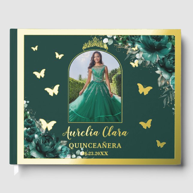 Libro De Visitas Foto de Quinceañera de oro floral verde esmeralda (Anverso)