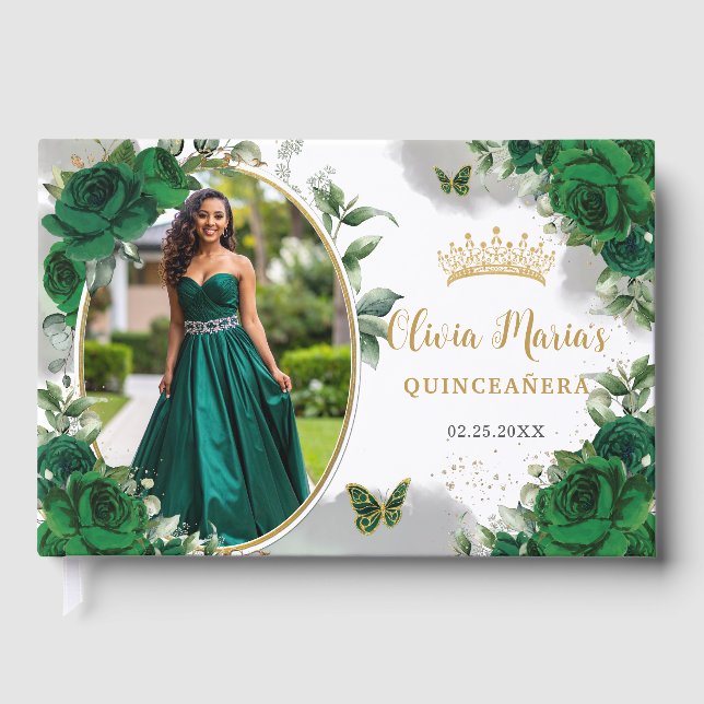 Libro De Visitas Foto de Quinceanera de oro verde de moda esmeralda (Anverso)