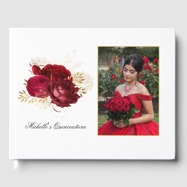 Libro De Visitas Foto de Quinceañera, Rosa de cosecha roja y dorada (Anverso)