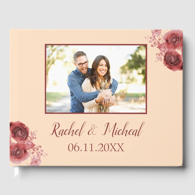 Libro De Visitas Foto del Boda de belleza de bonito Peach y Borgoña (Anverso)