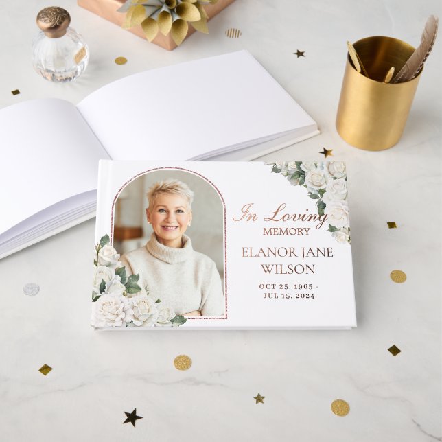 Libro De Visitas Foto del funeral de Floral en rosas blancas (Anverso Abierto)