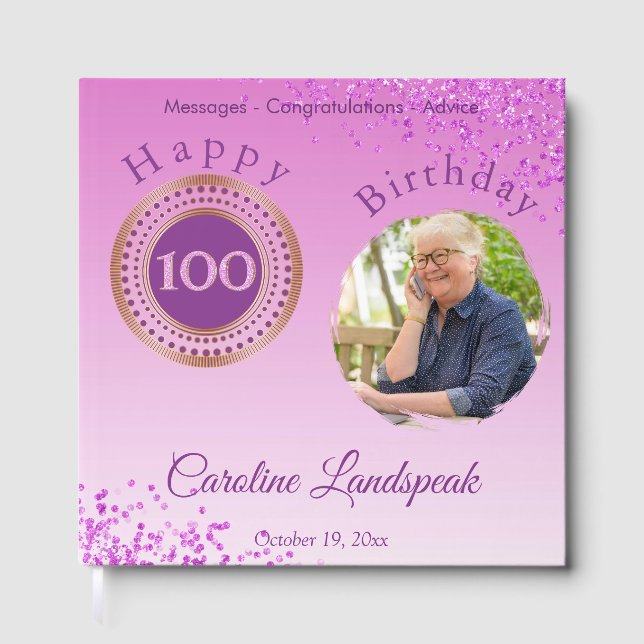 Libro De Visitas Foto Personalizada con Brillo Rosa, Cumpleaños 100 (Anverso)