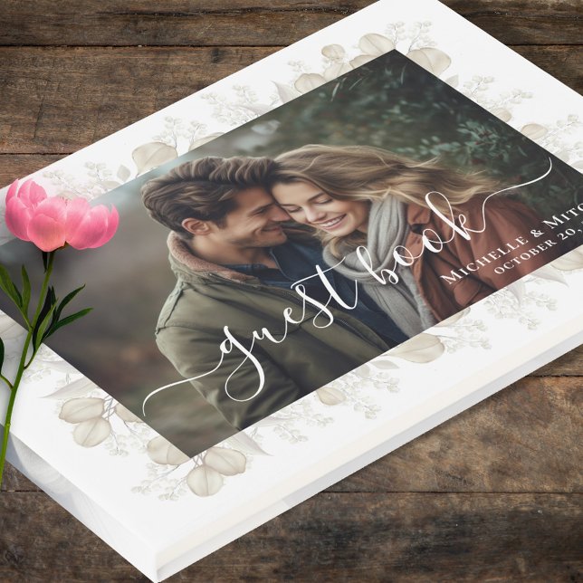Libro De Visitas Foto personalizada de Sage Green Boda (Wedding guest book with photo template. )