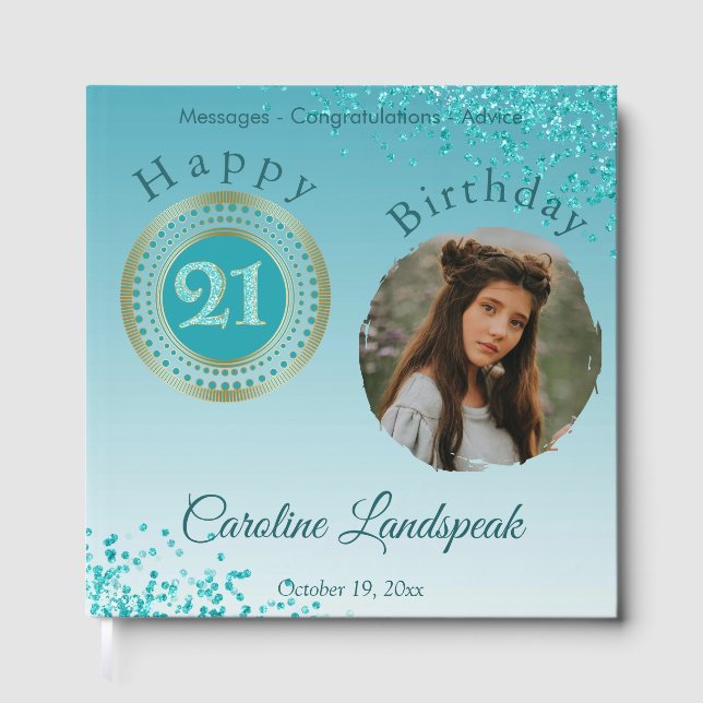 Libro De Visitas Foto personalizada Purpurina azul Verde azulado Cu (Anverso)