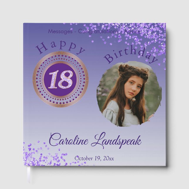 Libro De Visitas Foto personalizada Purpurina púrpura, cumpleaños n (Anverso)