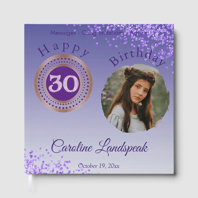 Libro De Visitas Foto personalizada Purpurina púrpura, cumpleaños n (Anverso)
