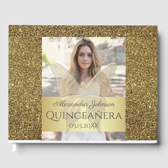 Libro De Visitas Foto Purpurina Quinceanera Gold (Anverso)
