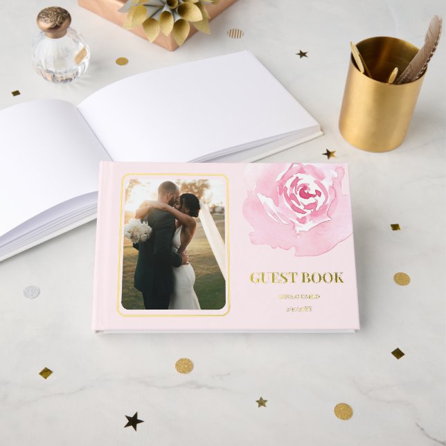 Libro De Visitas Foto Rosa Rosa Romántica Boda (Anverso Abierto)