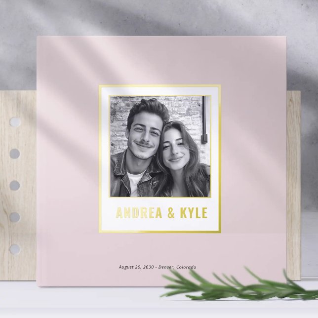 Libro De Visitas Foto simple de Boda de marco dorado (Simple gold Frame, polaroid style elegant wedding guest book)