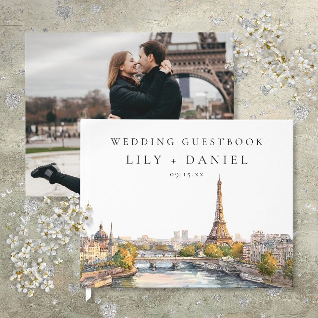 Libro De Visitas Fotografía de boda en París Francia con acuarela (Watercolor Paris France Wedding Photo Guest Book)