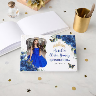 Libro De Visitas Fotografía QUINCEAÑERA 16 Azul Real Floral Dorado