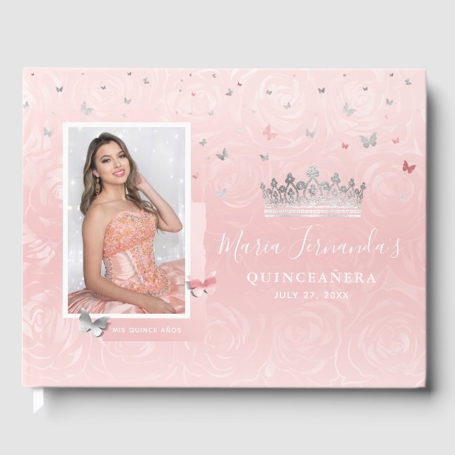 Libro De Visitas Fotos de Quinceañera Elegantes Rosa Claro Plateado (Anverso)