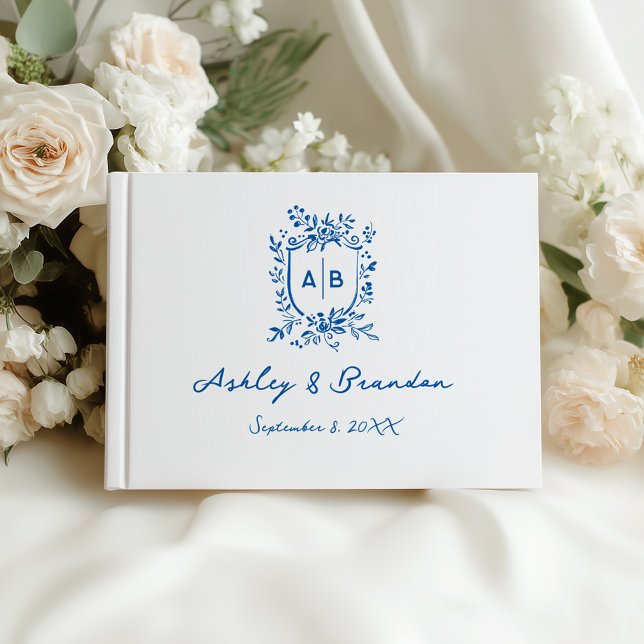 Libro De Visitas French Blue Whimsical Monogram Crest Wedding (Subido por el creador)