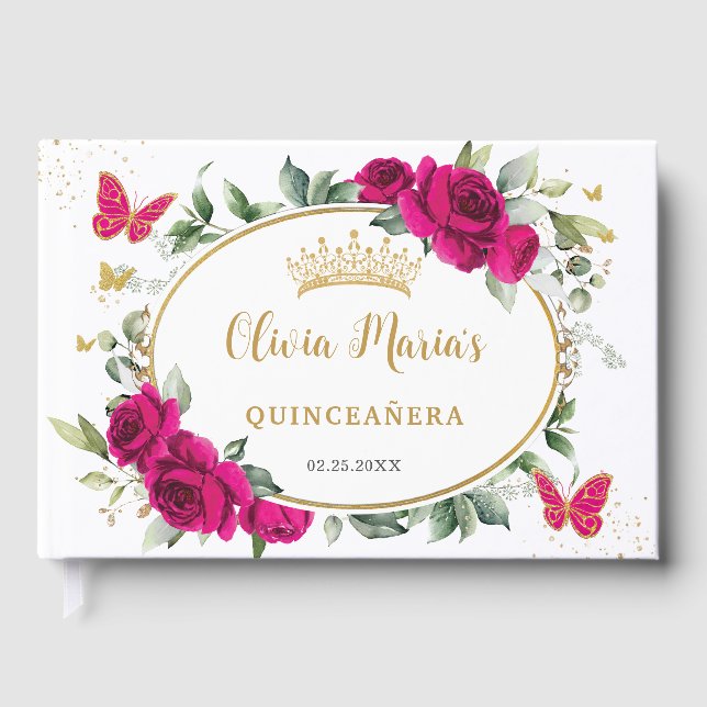 Libro De Visitas Fuchsia Pink Floral Butterfly Gold Quinceanera 15 (Anverso)