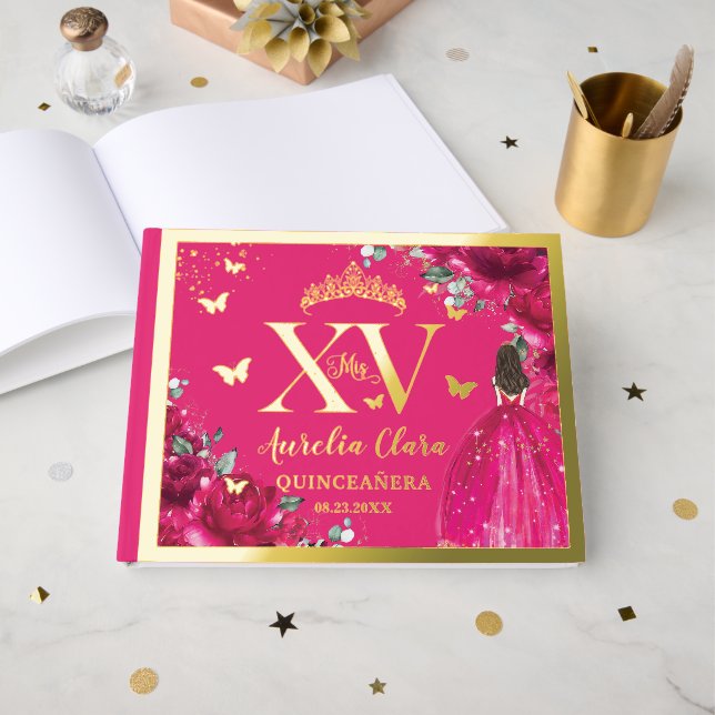 Libro De Visitas Fuchsia Pink Floral Quinceañera Quince 15 XV Gold (Anverso Abierto)