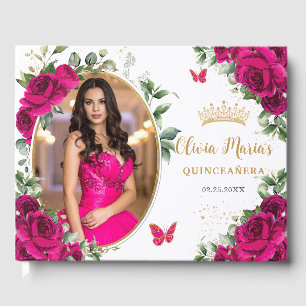 Libro De Visitas Fuchsia Rosas de color rosa caliente Floral Quince