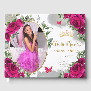 Libro De Visitas Fuchsia Rosas de color rosa caliente Floral Quince