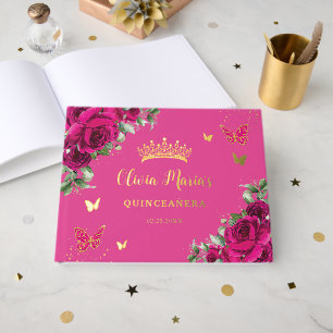 Libro De Visitas Fucsia Floral Oro Quinceañera Cumpleaños Dulces 16