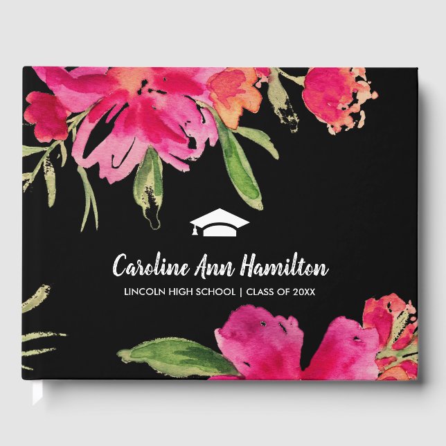 Libro De Visitas Fucsia | Graduación floral negra (Anverso)