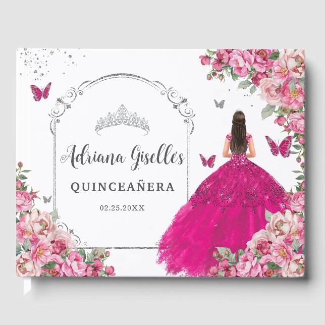 Libro De Visitas Fucsia Rosa Floral Princesa Plata Quinceañera  (Anverso)
