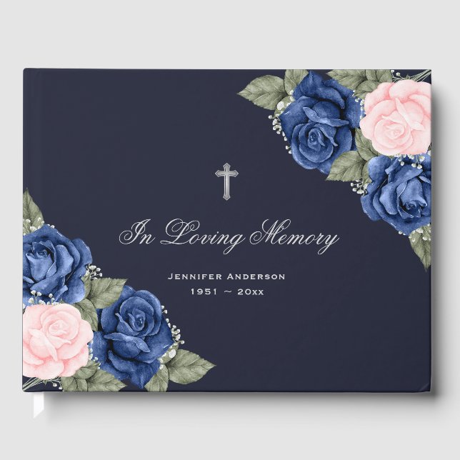 Libro De Visitas Funeral conmemorativo floral Blue Pink Roses Silve (Anverso)