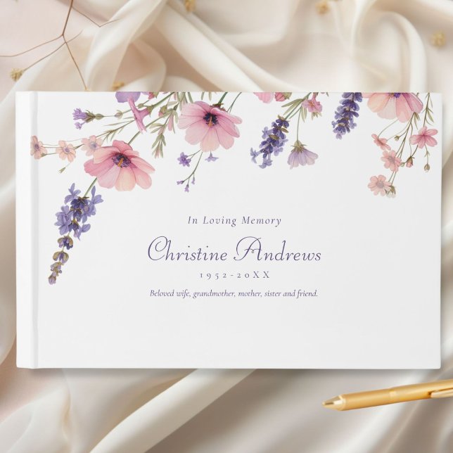 Libro De Visitas Funeral de Flor Silvestre "In Love Memory" (Wildflower "In Loving Memory" Funeral Guest Book, White-Purple, Floral)