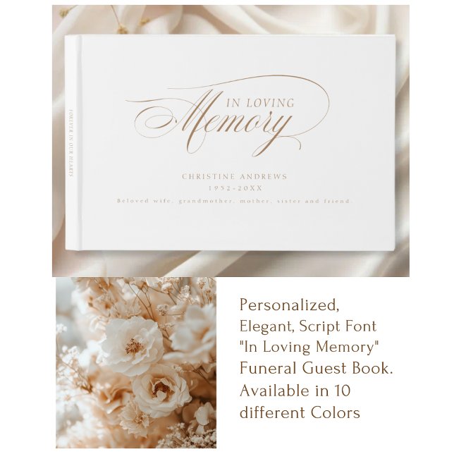 Libro De Visitas Funeral elegante, con letra manuscrita "En memoria (Elegant, Script Font "In Loving Memory" Funeral Guest Book)