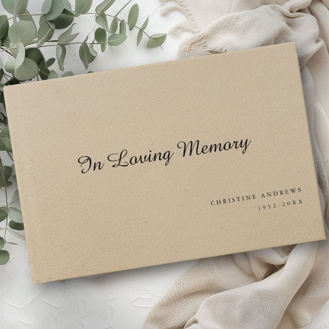 Libro De Visitas Funeral elegante, con letra manuscrita "En memoria (Elegant, "In Loving Memory" funeral guest book, elegant lovely papercraft (digital image).)