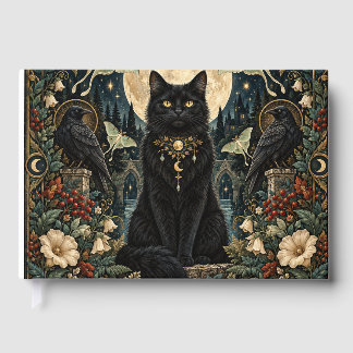 Libro De Visitas Gato Negro Gótico Celestial con Luna y Cuervos.