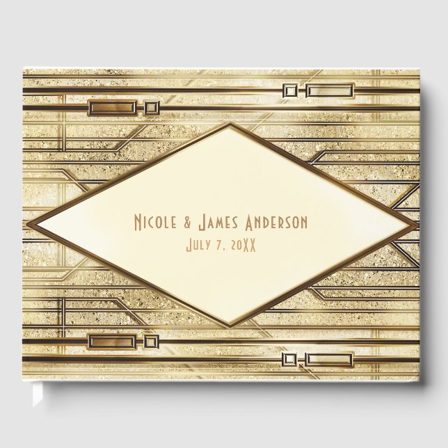 Libro De Visitas Gatsby Glam Boda del Art Deco de Cream Ivory Gold  (Anverso)