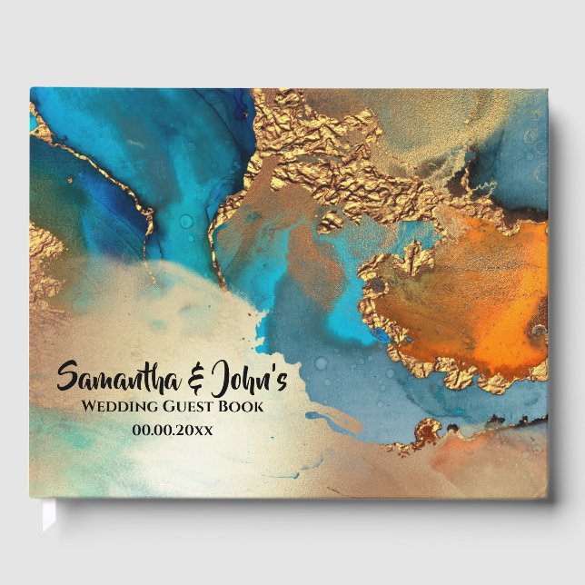 Libro De Visitas Geode faux oro agate acuarela azul naranja de oro (Anverso)