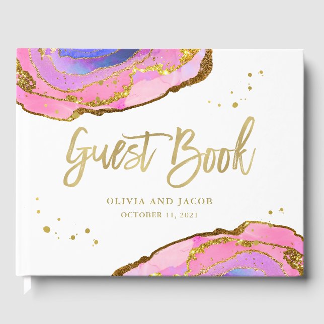 Libro De Visitas Geode rosa azul y oro | Boda (Anverso)