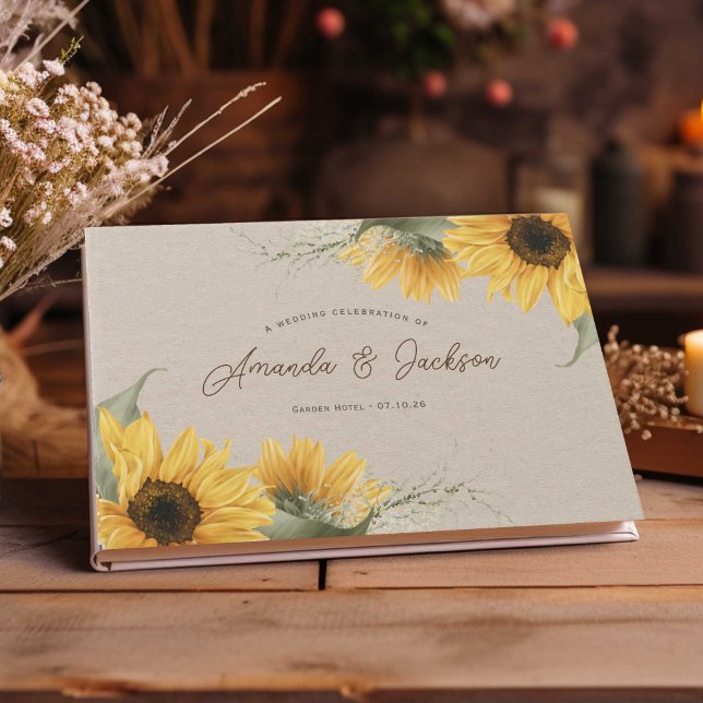 Libro De Visitas Girasol acuarela beige rústico elegante boda (Watercolor sunflower themed, wedding guestbook for rustic, country or barn wedding.)