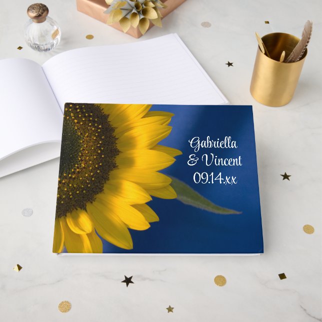 Libro De Visitas Girasol amarillo en Boda azul (Anverso Abierto)