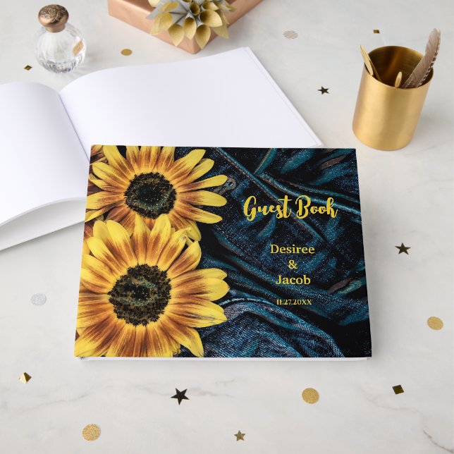 Libro De Visitas Girasoles Bodas Vaqueros Azules Rusticos Amarillos (Anverso Abierto)