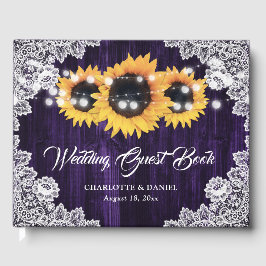 Libro De Visitas Girasoles Purpura Madera Encaje Floral Boda