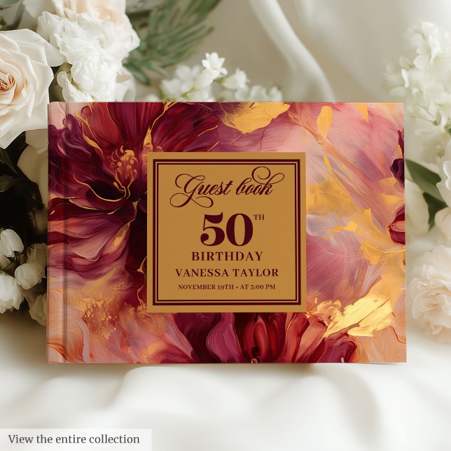 Libro De Visitas Glam Boho Red Oscuro Rubor Gold Floral 50 cumpleañ (Glam Boho Dark Red Blush Gold Floral 50th Birthday Guest Book)