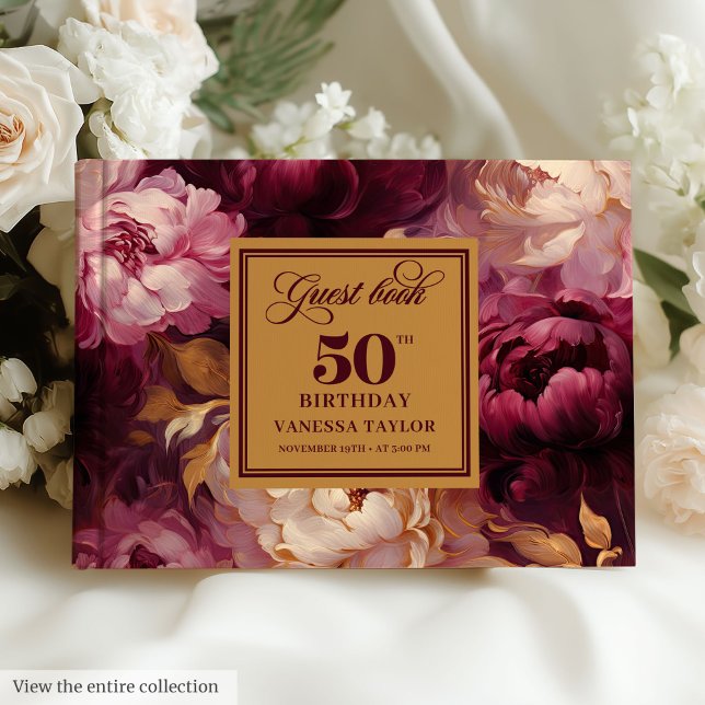 Libro De Visitas Glam Burgundy Rubor Gold Floral 50 cumpleaños (Glam Burgundy Blush Gold Floral 50th Birthday Guest Book )