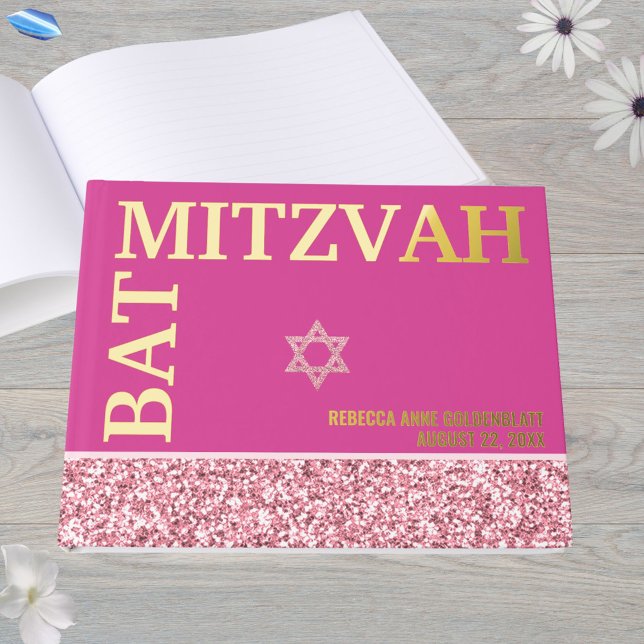 Libro De Visitas Glam Estrella Rosa De David Bat Mitzvah Gold (Bold typography BAT MITZVAH design printed in real gold foil)