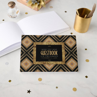 Libro De Visitas Glam Gold Black Geometric Art Deco Boda