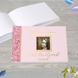 Libro De Visitas Glam Pink Elegant Photo Bat Mitzvah Gold