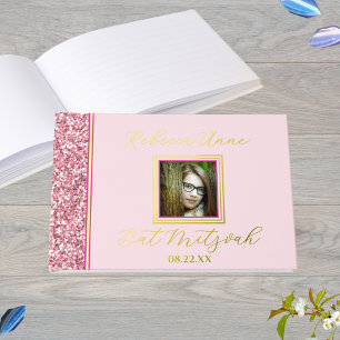 Libro De Visitas Glam Pink Elegant Photo Bat Mitzvah Gold